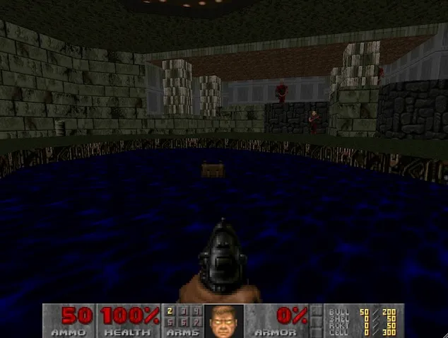 "Deep water effect" from TNT's MAP02 which shows a backpack partially submerged in a pool of water